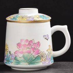 Cana ceai portelan cu filtru, design japonez floare de lotus, 400ml