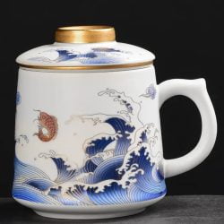 Cana ceai portelan cu filtru, design japonez valuri, 400ml